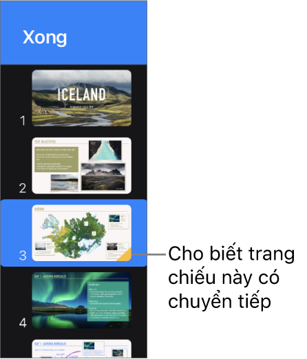 Tam giác màu vàng trên trang chiếu biểu thị rằng trang chiếu được áp dụng hiệu ứng chuyển tiếp.