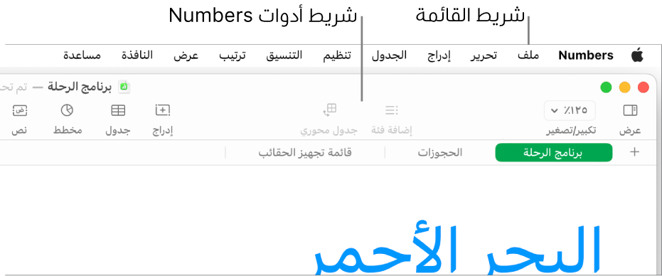 شريط القائمة في الجزء العلوي من الشاشة وبه قوائم Apple و Numbers وملف وتعديل وإدراج وجدول وتنظيم وتنسيق وترتيب وعرض ونافذة ومساعدة. أسفل شريط القائمة يوجد جدول بيانات Numbers مفتوح به أزرار شريط الأدوات على طول الجزء العلوي لكل من عرض وتكبير/تصغير وإضافة فئة وجدول محوري وإدراج وجدول ومخطط ونص