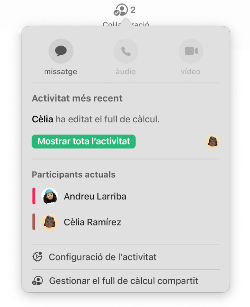 El menú “Col·laboració”, en què es mostren els noms de les persones que col·laboren al full de càlcul.