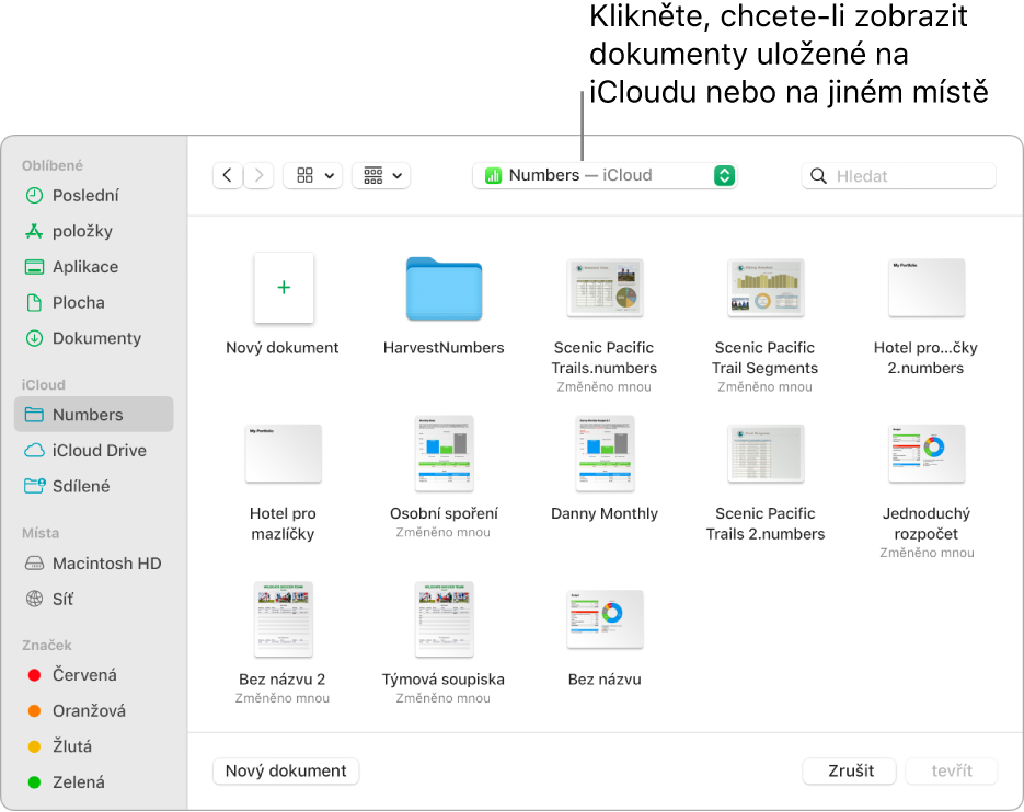 Dialogové okno Otevřít s otevřeným bočním panelem vlevo a iCloud Drivem vybraným v horní místní nabídce. Kromě tlačítka Nový dokument okno obsahuje složky pro Keynote, Numbers a Pages.