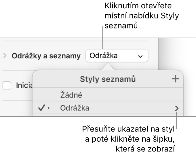 Místní nabídka Styly seznamů s jedním vybraným stylem a šipkou úplně vpravo.