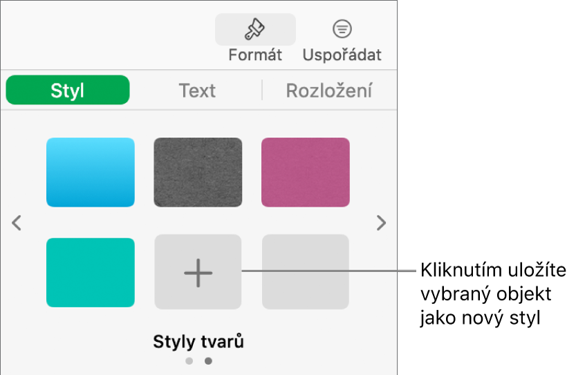 Panel Styl na bočním panelu Formát s čtyřmi styly obrázků, tlačítkem Vytvořit styl a prázdnou maketou stylu.