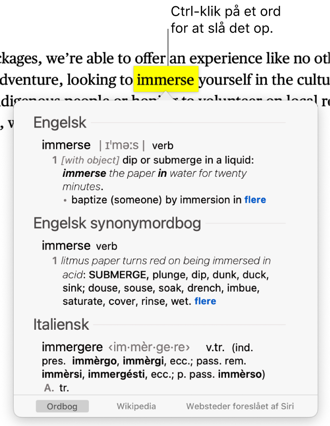 Tekst med et markeret ord og et vindue, der viser ordets definition og en indgang fra en synonymordbog. Tre knapper nederst i vinduet er links til ordbogen, Wikipedia og websteder foreslået af Siri.