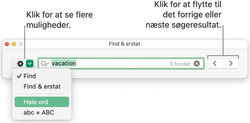 Vinduet Find & erstat med lokalmenuen, der viser mulighederne Find, Find & erstat, Hele ord og abc ≠ ABC. Med pilene til højre kan du hoppe til de forrige eller næste søgeresultater.