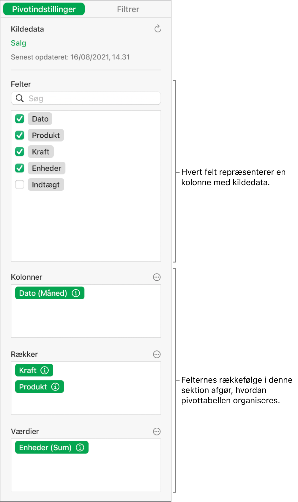 Menuen Pivotindstillinger, der viser felter i sektionerne Kolonner, Rækker og Værdier, samt betjeningsmuligheder til redigering af felterne og opdatering af pivottabellen.