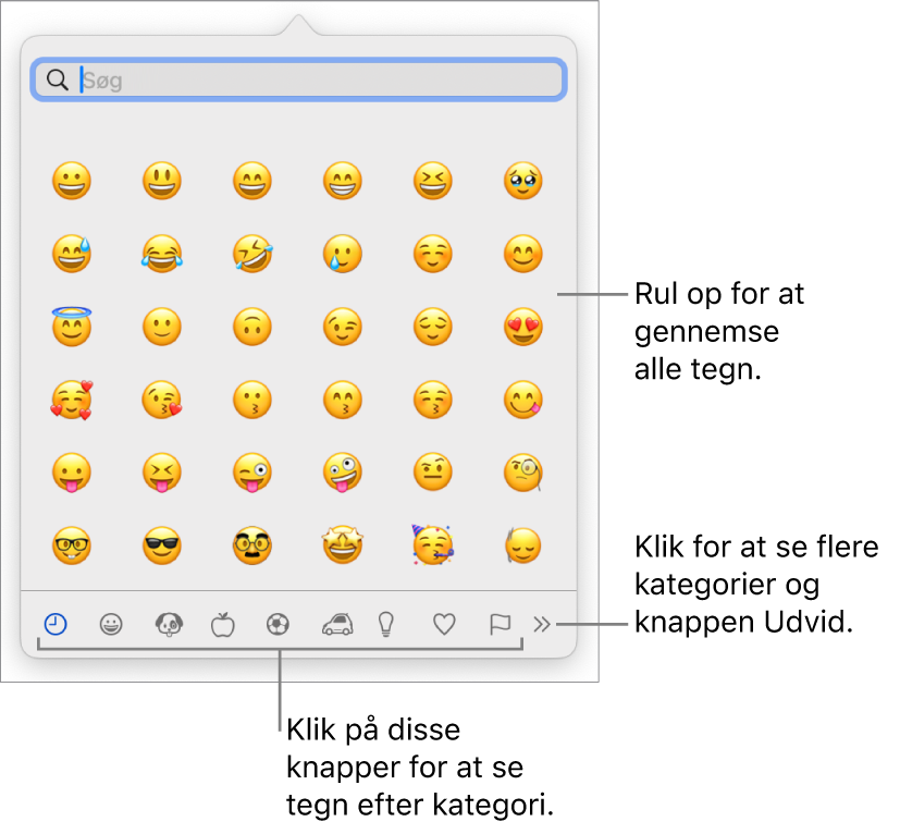 Vinduet Specialtegn med humørsymboler, knapper til forskellige typer symboler nederst og en billedforklaring til en knap, der viser hele tegnvinduet.