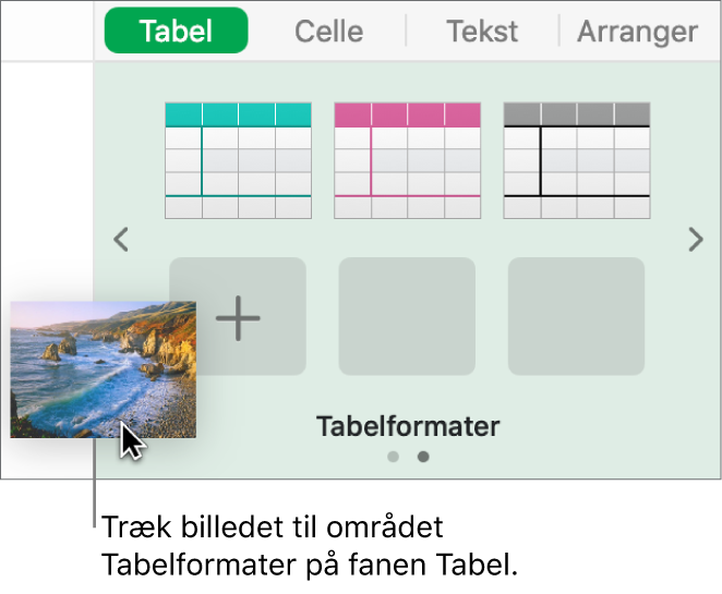 Et billede trækkes til tabelformaterne for at oprette et nyt format.