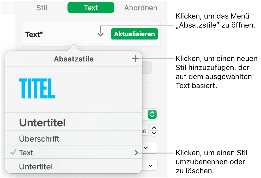 Menü „Absatzstile“ mit Steuerelementen zum Hinzufügen oder Ändern eines Stils.