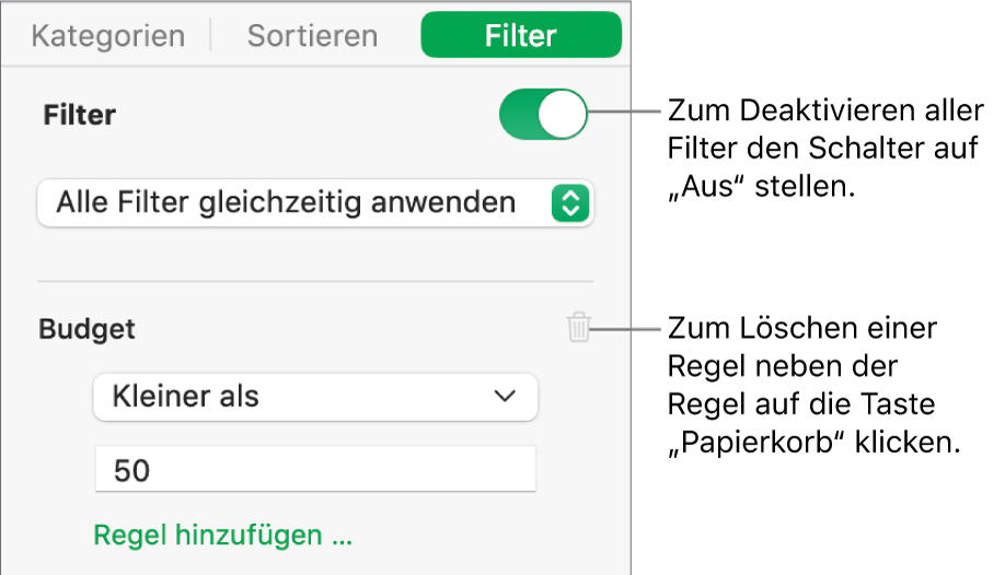 Steuerelemente zum Löschen eines Filters oder zum Deaktivieren aller Filter