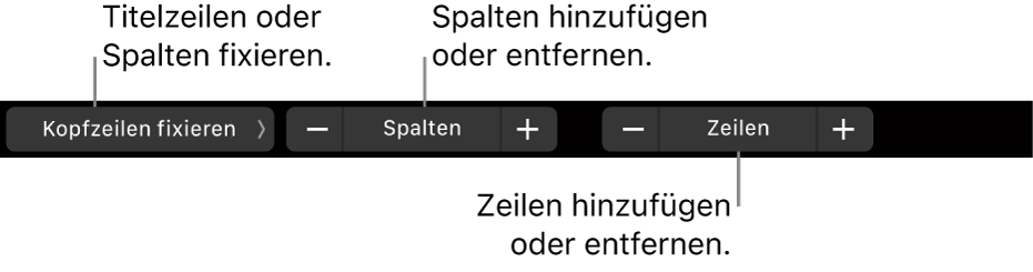 Die Touch Bar des MacBook Pro mit den Steuerelementen zum Fixieren von Titelspalten und -zeilen sowie zum Hinzufügen und Entfernen von Zeilen und von Spalten.