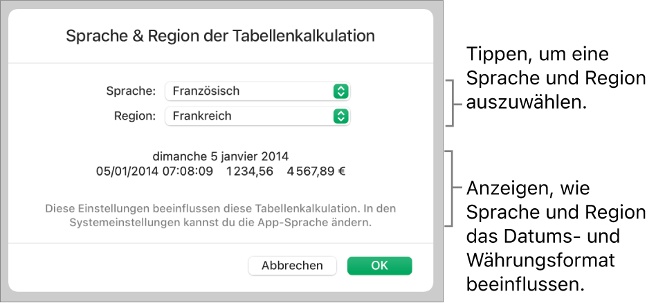 Der Bereich „Sprache & Region“ mit Einblendmenüs für Sprache und Region sowie einem Formatierungsbeispiel für Datum, Uhrzeit, Dezimalstellen und Währung.