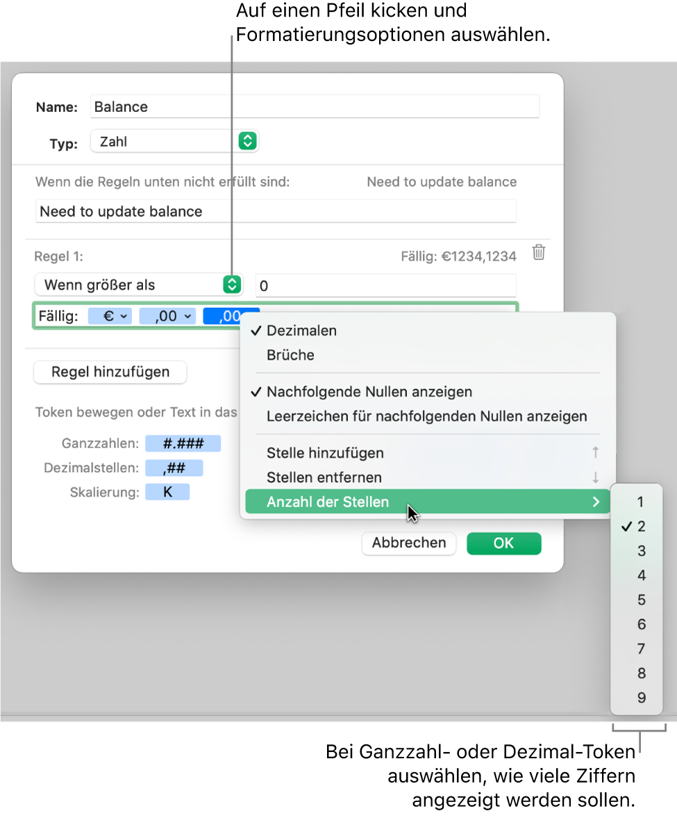 Das Fenster für ein eigenes Zellenformat mit Steuerelementen zum Auswählen eigener Formatierungsoptionen