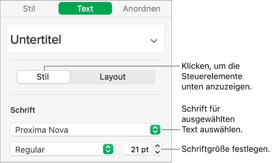 Steuerelemente im Abschnitt „Stil“ der Seitenleiste „Format“ zum Festlegen der Schrift und der Schriftgröße.