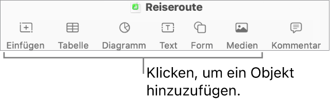 Die Numbers-Symbolleiste mit den Tasten „Einfügen“, „Tabelle“, „Diagramm“, „Text“, „Form“ und „Medien“