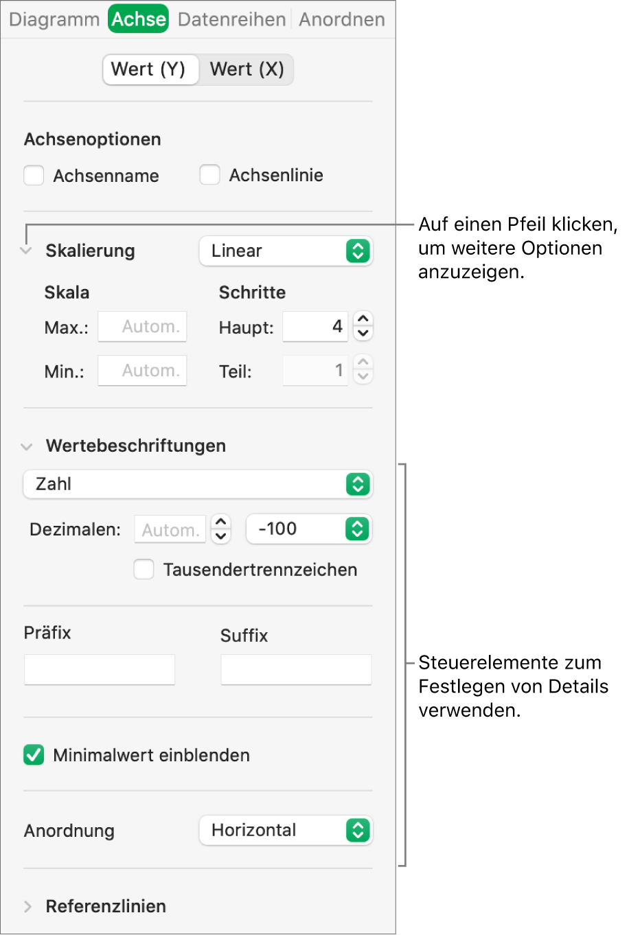 Steuerelemente zum Formatieren der Markierungen auf den Diagrammachsen