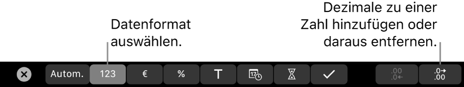 Die Touch Bar des MacBook Pro mit den Steuerelementen zum Auswählen des Datenformats und zum Hinzufügen und Entfernen von Dezimalstellen bei Zahlenangaben.