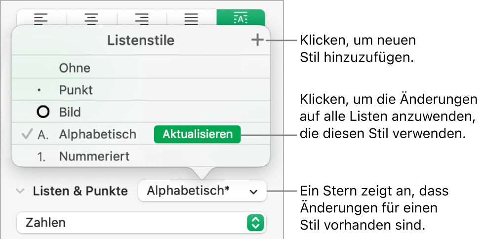 Das Einblendmenü „Listenstile“ mit einem Sternchen, das auf eine Stiländerung hinweist, und den Beschreibungen für die Taste „Neuer Stil“ und für ein Untermenü mit Optionen zum Verwalten von Stilen.