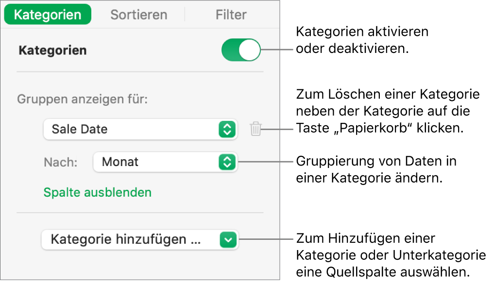 Die Seitenleiste „Kategorien“ mit Optionen zum Deaktivieren von Kategorien, Löschen von Kategorien, Neugruppieren von Daten, Ausblenden einer Quellenspalte und Hinzufügen von Kategorien