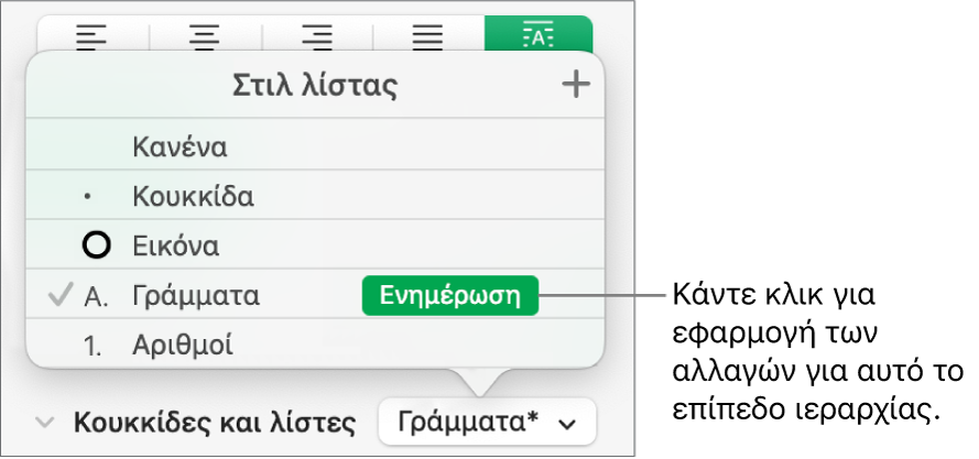 Το αναδυόμενο μενού «Στιλ λίστας» με ένα κουμπί «Ενημέρωση» δίπλα στο όνομα του νέου στιλ.