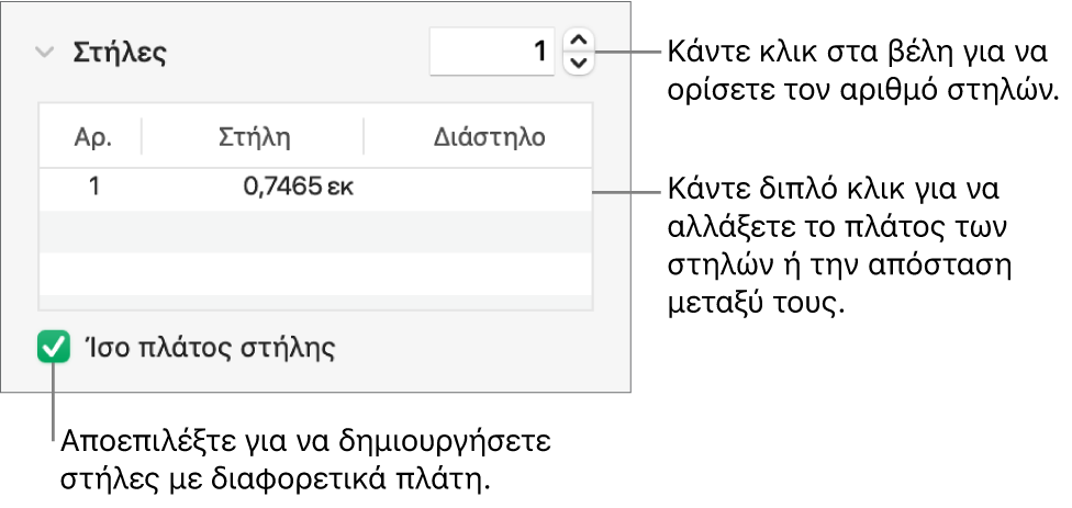 Στοιχεία ελέγχου στην ενότητα στηλών για την αλλαγή του αριθμού στηλών και του πλάτους κάθε στήλης.