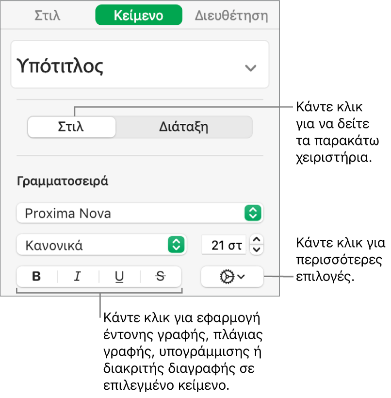 Τα στοιχεία ελέγχου στιλ στην πλαϊνή στήλη με επεξηγήσεις για τα κουμπιά «Έντονα», «Πλάγια», «Υπογράμμιση» και «Διακριτή διαγραφή».