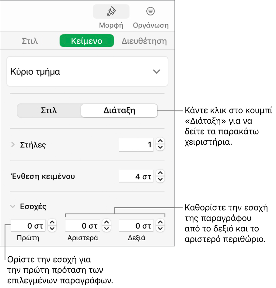 Η ενότητα «Διάταξη» της πλαϊνής στήλης «Μορφή» που εμφανίζει στοιχεία ελέγχου για τον καθορισμό της εσοχής πρώτης γραμμής και των περιθωρίων παραγράφου.