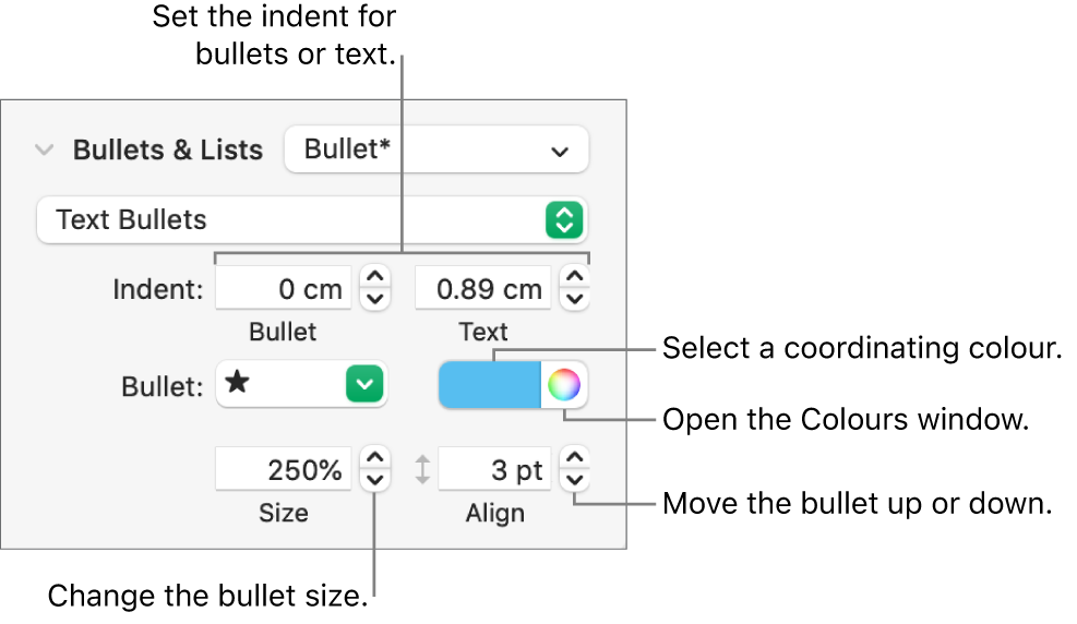 The Bullets and Lists section with a call out to the controls for bullet and text indent, bullet colour, bullet size and alignment.