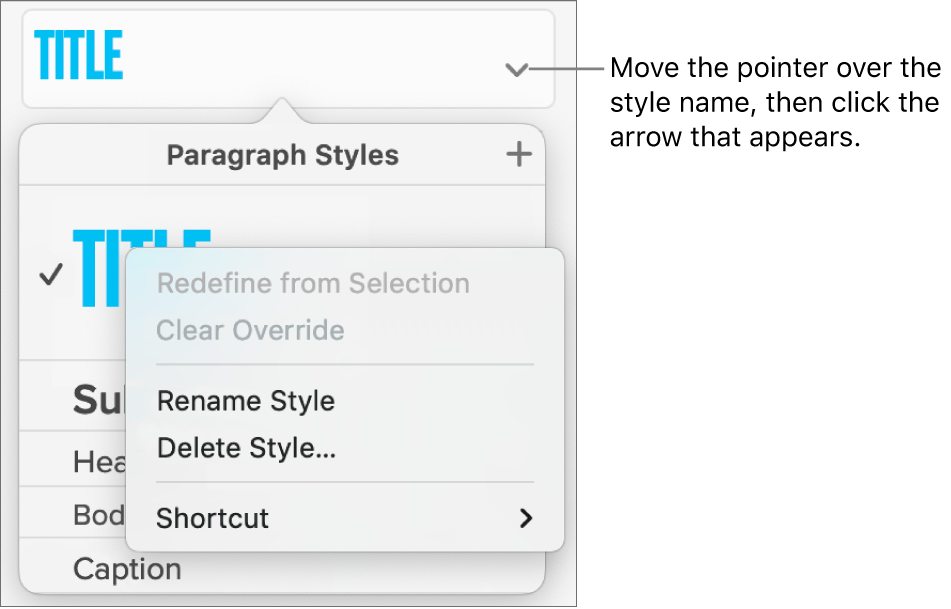 The Paragraph Styles menu with the shortcut menu open.