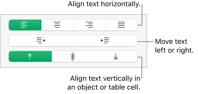 The Alignment section showing buttons for aligning text horizontally, moving text left or right and aligning text vertically.