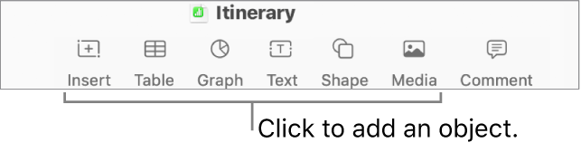 The Numbers window with call-outs to the object buttons in the toolbar.