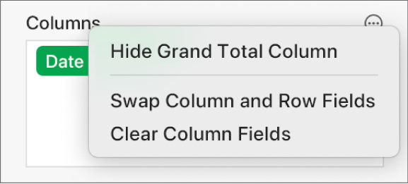 The More Field Options menu, showing the controls to hide grand totals, swap column and row fields, and clear fields.