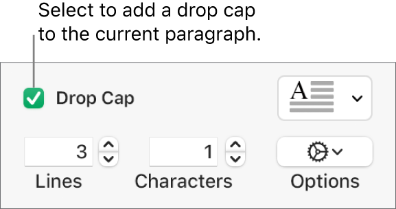 The Drop Cap tickbox is selected, and a pop-up menu appears to its right; controls for setting the line height, number of characters and other options appear below it.