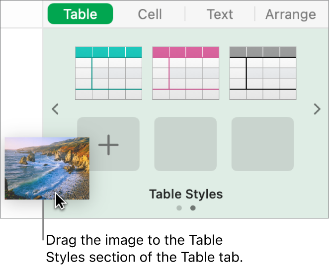 Dragging an image into the table styles to create a new style.