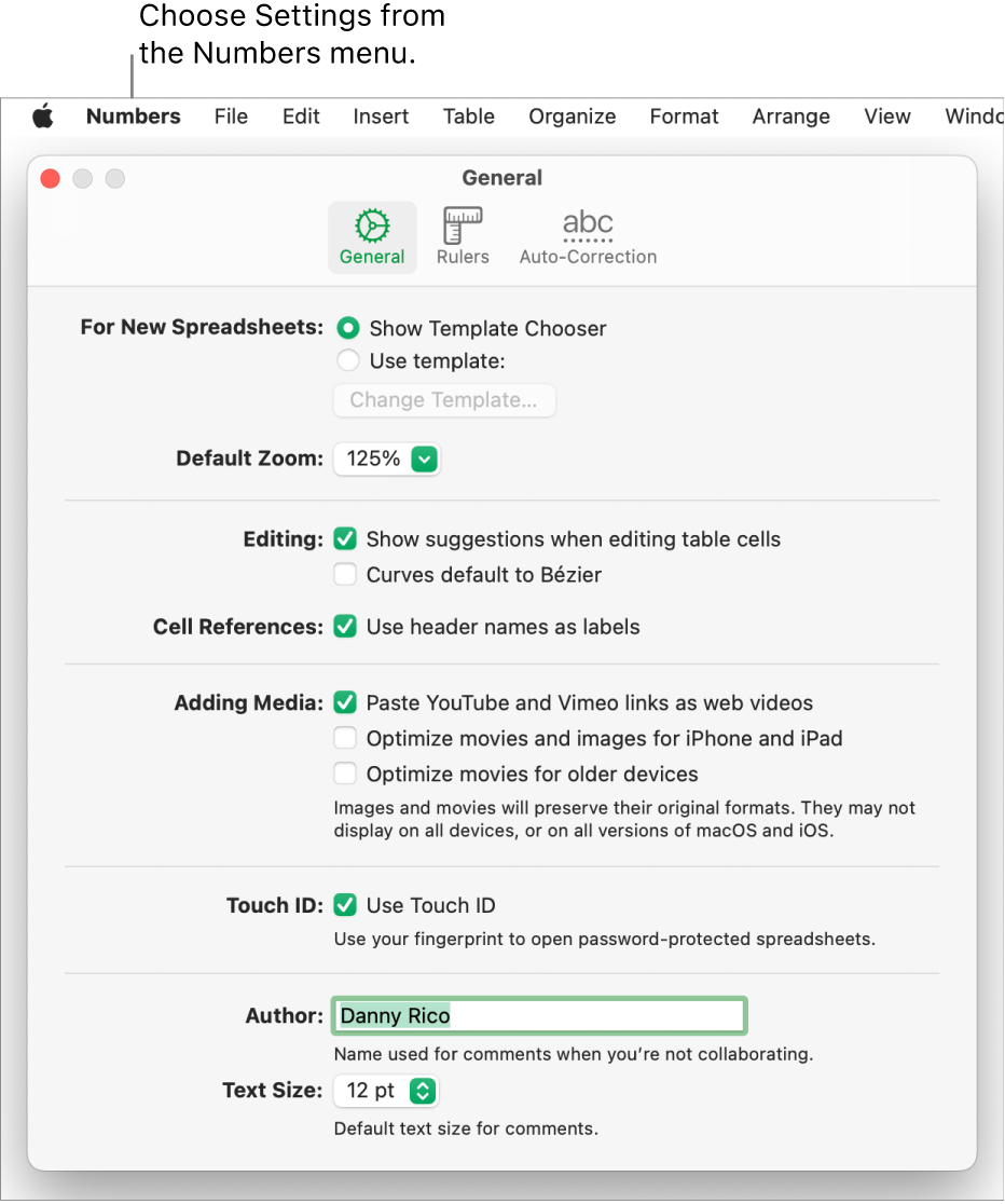 Numbers settings window open to the General pane, with settings for new spreadsheets, default zoom, editing, cell references, equations, adding media, Touch ID, author name, and default text size.