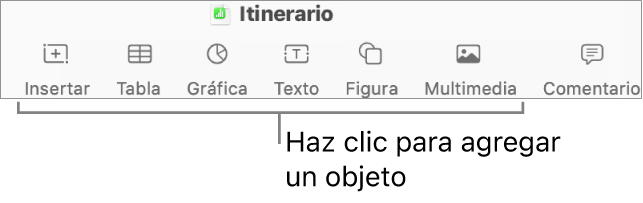 La ventana de Numbers con llamadas a los botones de objeto de la barra de herramientas.