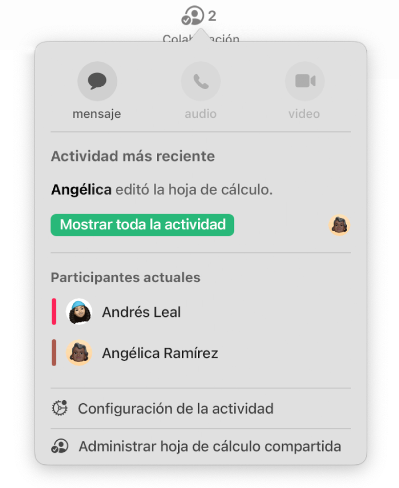 El menú Colaboración mostrando los nombres de las personas que colaboran en la hoja de cálculo.