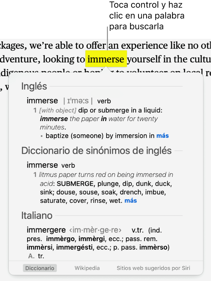 Texto con una palabra resaltada y una ventana en la que se muestra su definición y una entrada en el diccionario de sinónimos. Los tres botones en la parte inferior de la pantalla proporcionan enlaces al diccionario, Wikipedia y sitios web sugeridos por Siri.