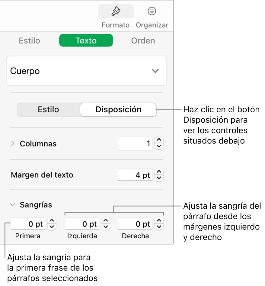 La sección Disposición de la barra lateral Formato con controles para ajustar la sangría de la primera línea y los márgenes de párrafo.