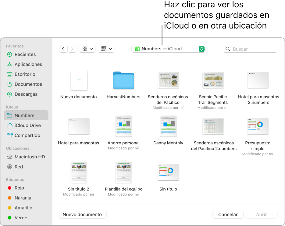 El cuadro de diálogo Abrir con la barra lateral abierta a la izquierda y con iCloud Drive seleccionado en el menú desplegable de la parte superior. Las carpetas de Keynote, Numbers y Pages aparecen en el cuadro de diálogo, junto con el botón Nuevo documento.