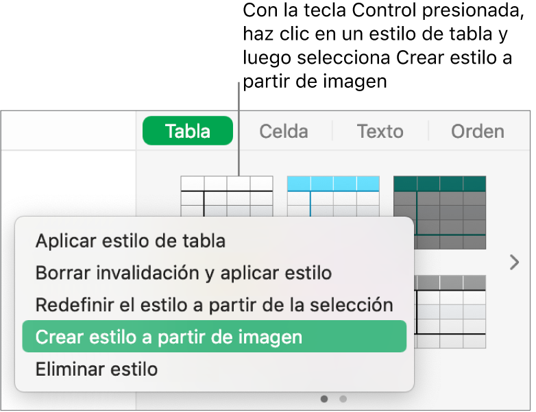 El menú de funciones rápidas de estilo de tabla.