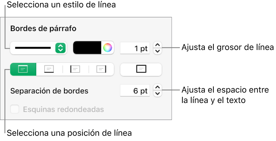 Controles para cambiar el estilo de línea, grosor, posición y color.