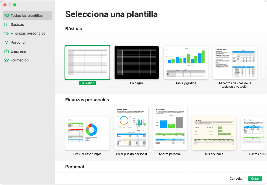 El selector de plantilla. A la izquierda aparece una barra lateral que muestra categorías de plantillas en las que puedes hacer clic para filtrar las opciones. En la parte derecha se encuentran las miniaturas de las plantillas prediseñadas ordenadas en filas por categoría.