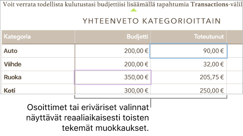 Erivärisiä kohdistimia tai valintoja näkyy kohdissa, joita eri käyttäjät parhaillaan muokkaavat.