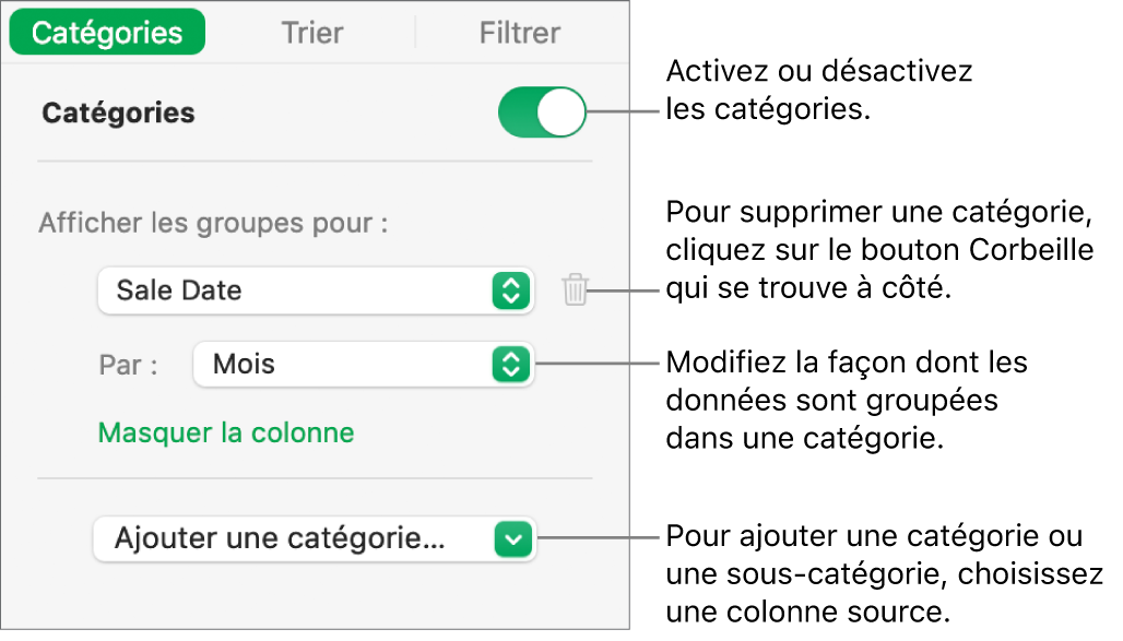 La barre latérale des catégories, avec des options permettant de désactiver les catégories, supprimer des catégories, regrouper des données, masquer une colonne source et ajouter des catégories.