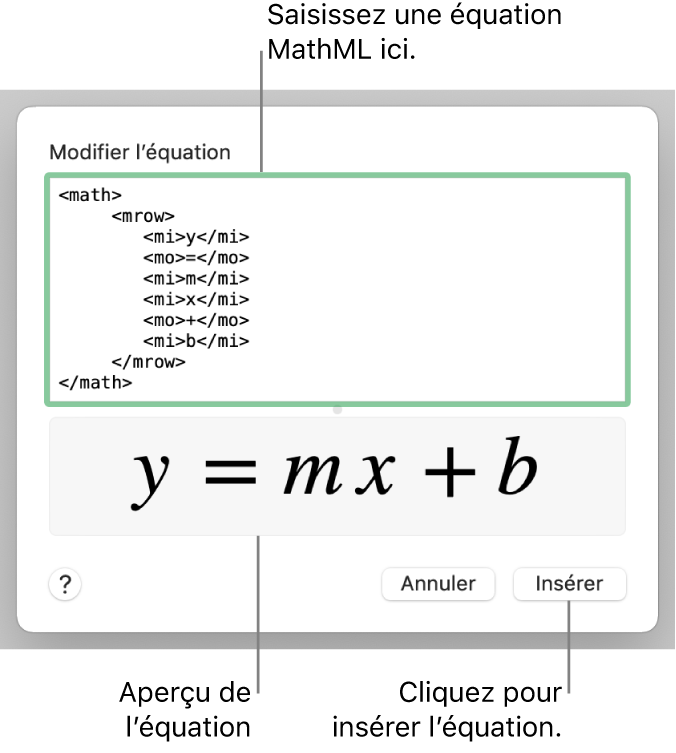 Équation de la pente d’une droite dans le champ Modifier l’équation et aperçu de la formule en dessous.