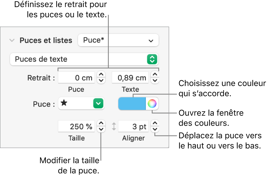 Section Puces et listes accompagnée des légendes des commandes pour le retrait des puces et du texte, la couleur des puces, leur taille et leur alignement.