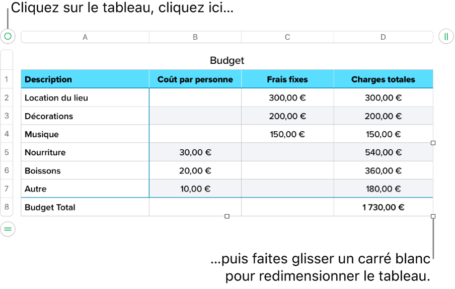 Un tableau sélectionné avec des carrés blancs pour le redimensionner.