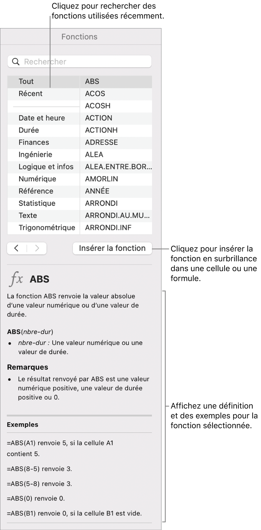 Navigateur de fonctions avec des légendes pour les fonctions récemment utilisées, le bouton Insérer la fonction et la définition de la fonction.