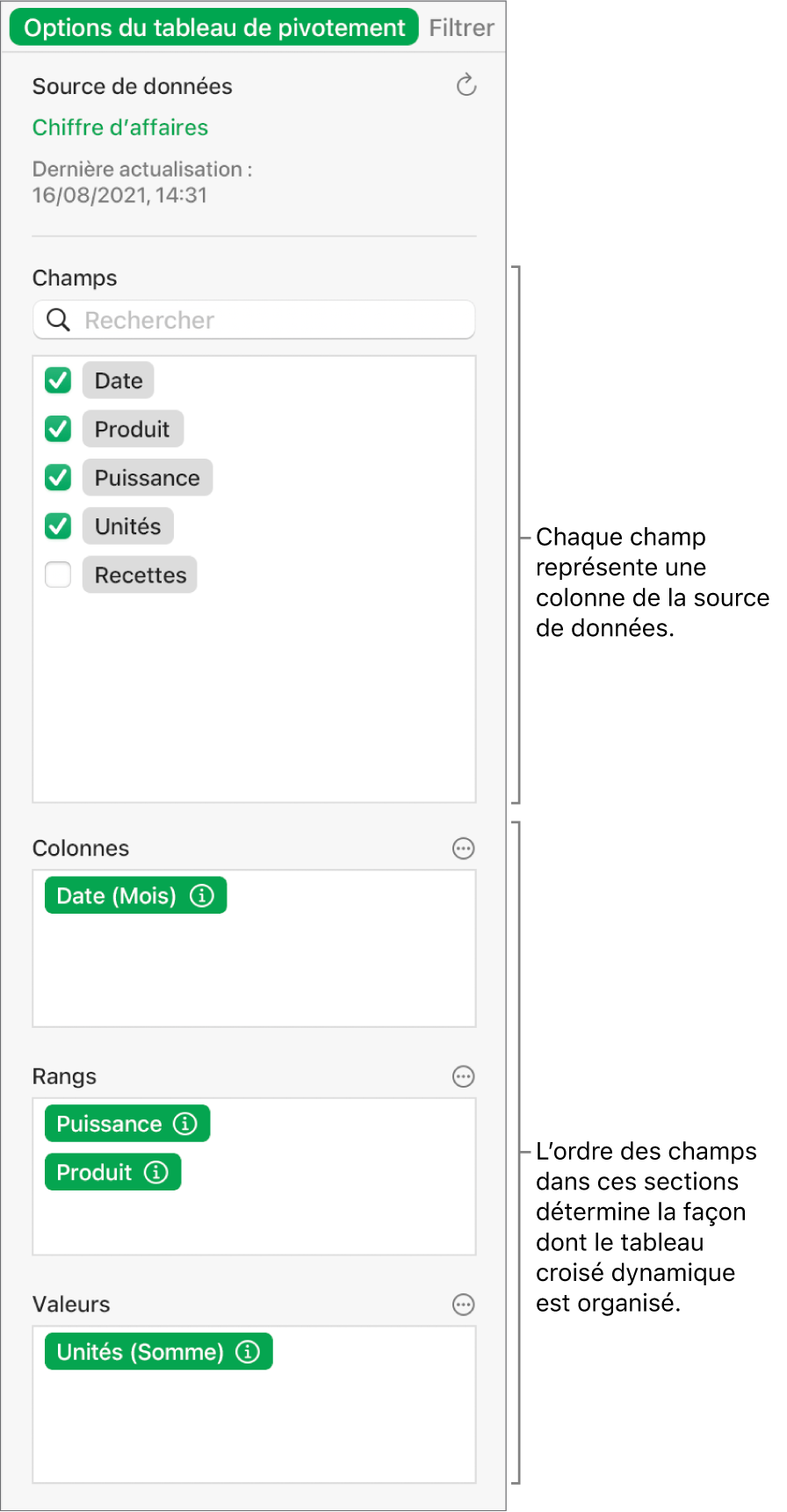 L’onglet « Options dynamiques » de la barre latérale Organiser affichant des champs dans les sections Colonnes, Rangs et Valeurs, ainsi que des commandes permettant de modifier les champs et d’actualiser le tableau croisé dynamique.