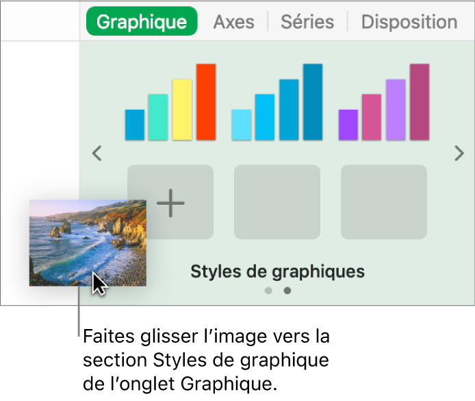 Opération consistant à faire glisser une image vers la section Styles de graphiques de la barre latérale en vue de créer un nouveau style.